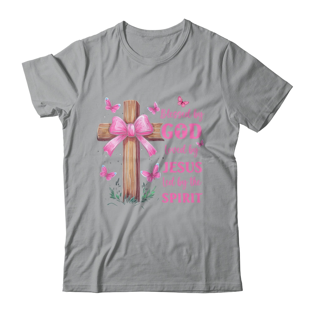 Blessed By God Loved By Jesus Pink Coquette Bow And Cross Shirt & Hoodie | siriusteestore