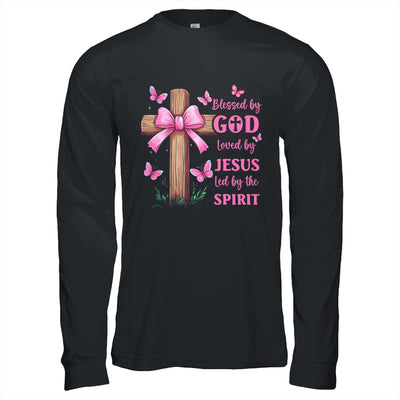 Blessed By God Loved By Jesus Pink Coquette Bow And Cross Shirt & Hoodie | siriusteestore