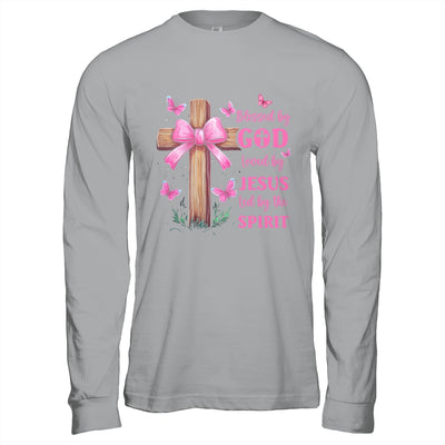 Blessed By God Loved By Jesus Pink Coquette Bow And Cross Shirt & Hoodie | siriusteestore