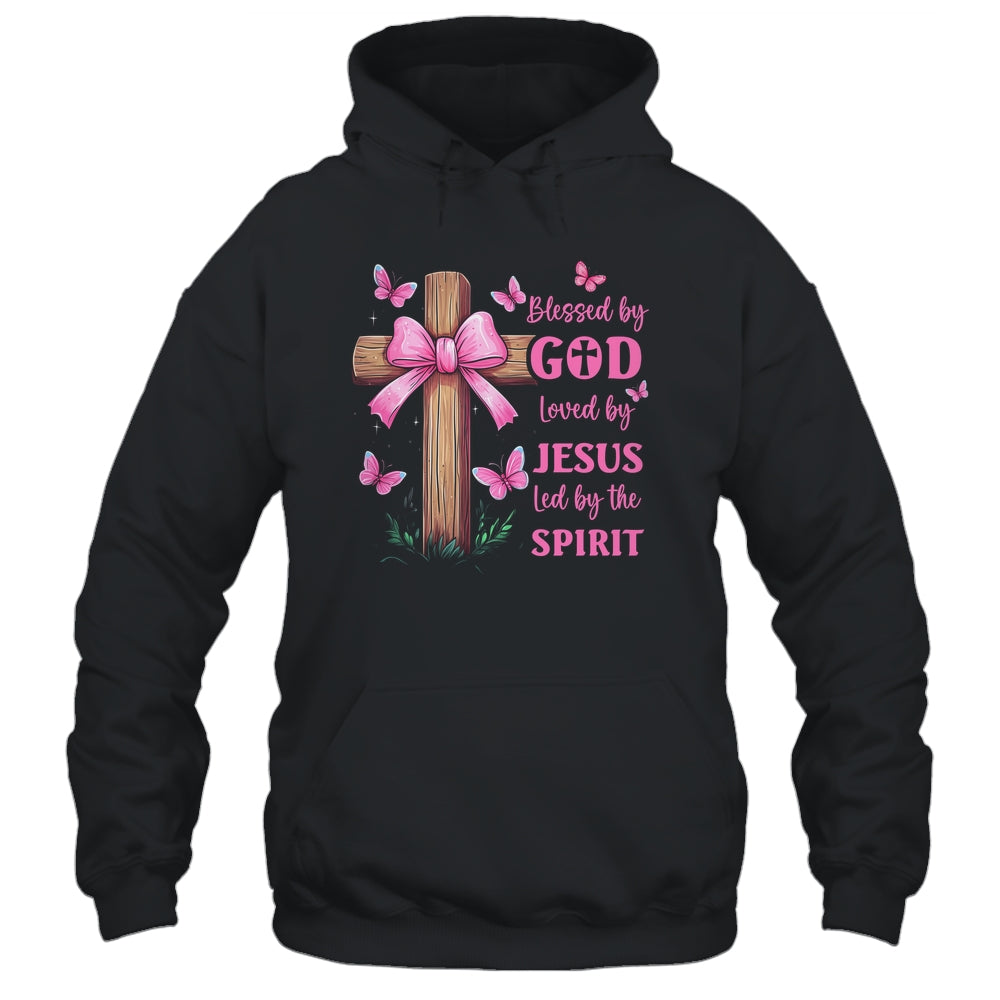 Blessed By God Loved By Jesus Pink Coquette Bow And Cross Shirt & Hoodie | siriusteestore