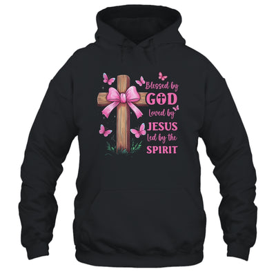 Blessed By God Loved By Jesus Pink Coquette Bow And Cross Shirt & Hoodie | siriusteestore