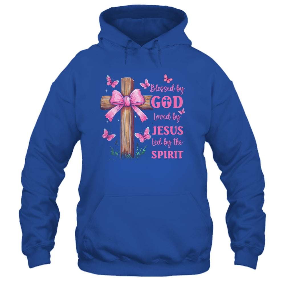 Blessed By God Loved By Jesus Pink Coquette Bow And Cross Shirt & Hoodie | siriusteestore
