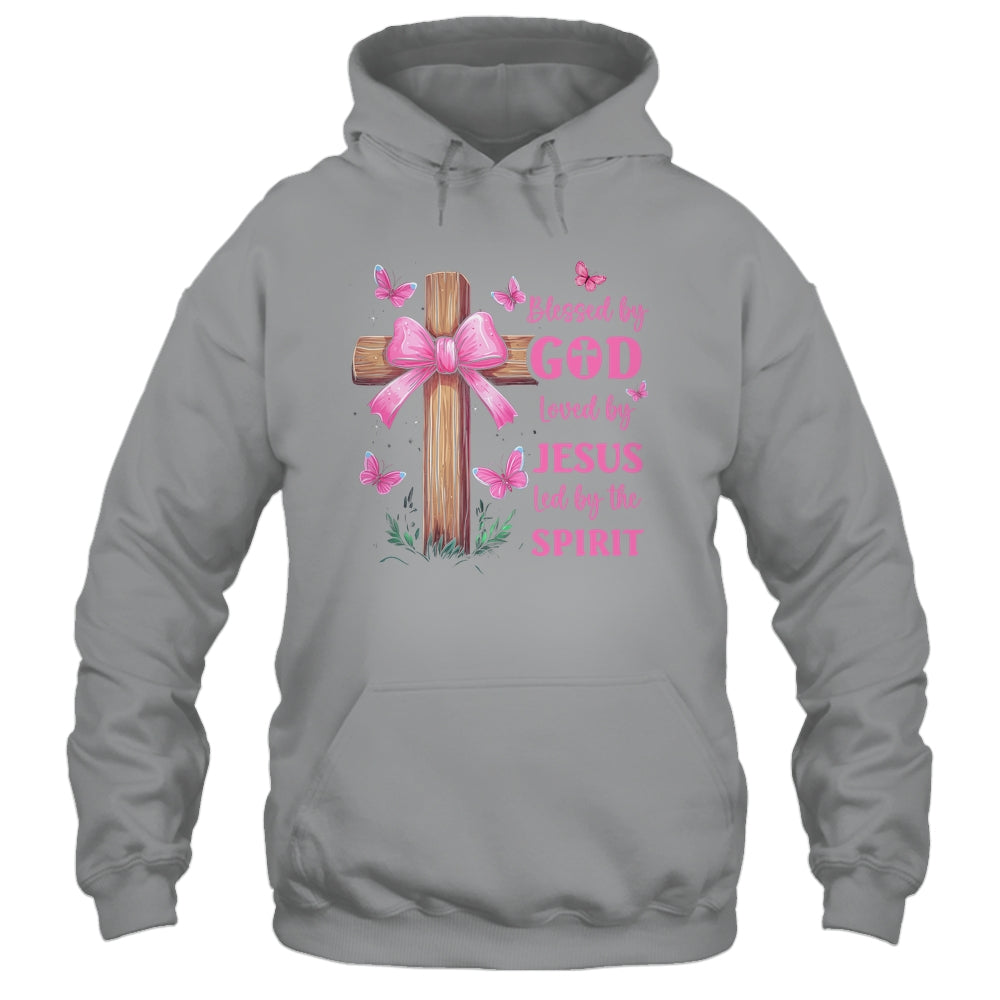 Blessed By God Loved By Jesus Pink Coquette Bow And Cross Shirt & Hoodie | siriusteestore