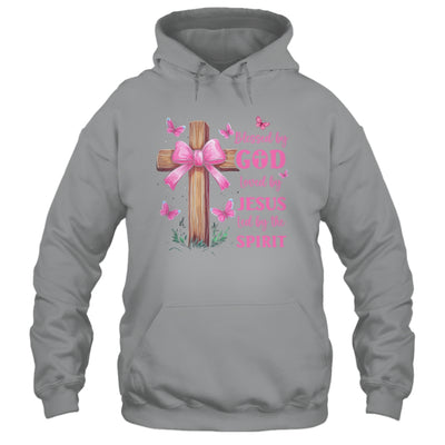 Blessed By God Loved By Jesus Pink Coquette Bow And Cross Shirt & Hoodie | siriusteestore
