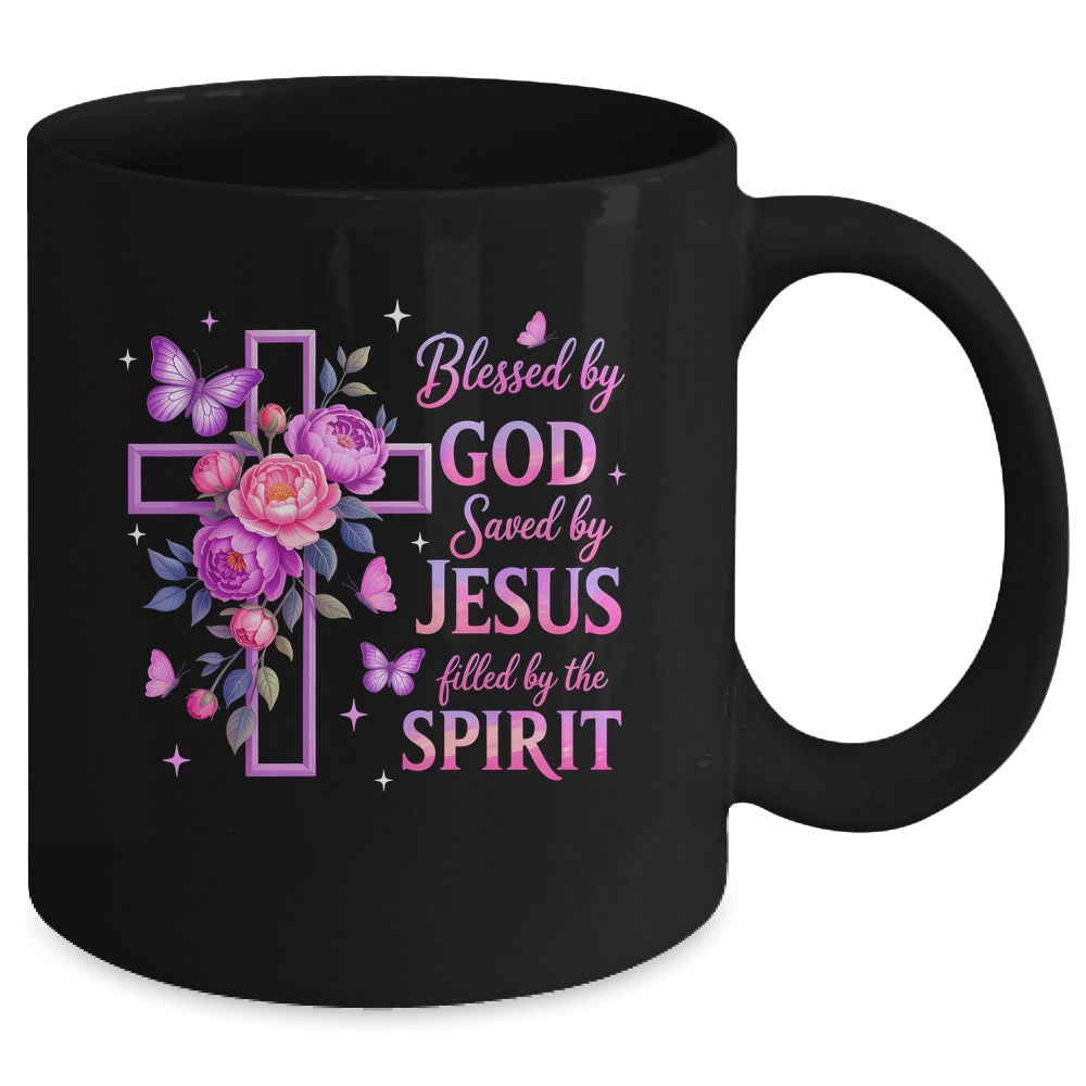 Blessed By God Saved By Jesus Purple Floral Cross Christian Mug | siriusteestore
