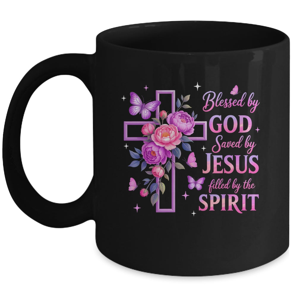 Blessed By God Saved By Jesus Purple Floral Cross Christian Mug | siriusteestore