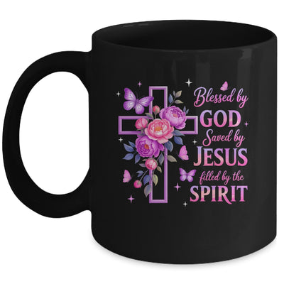 Blessed By God Saved By Jesus Purple Floral Cross Christian Mug | siriusteestore