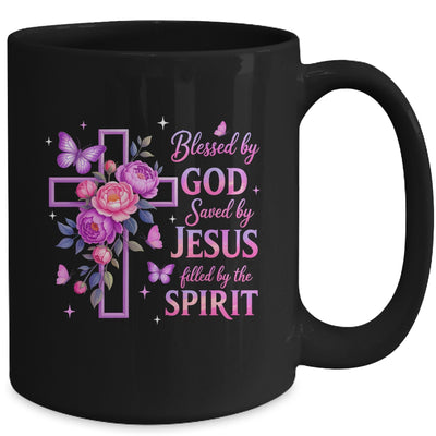 Blessed By God Saved By Jesus Purple Floral Cross Christian Mug | siriusteestore