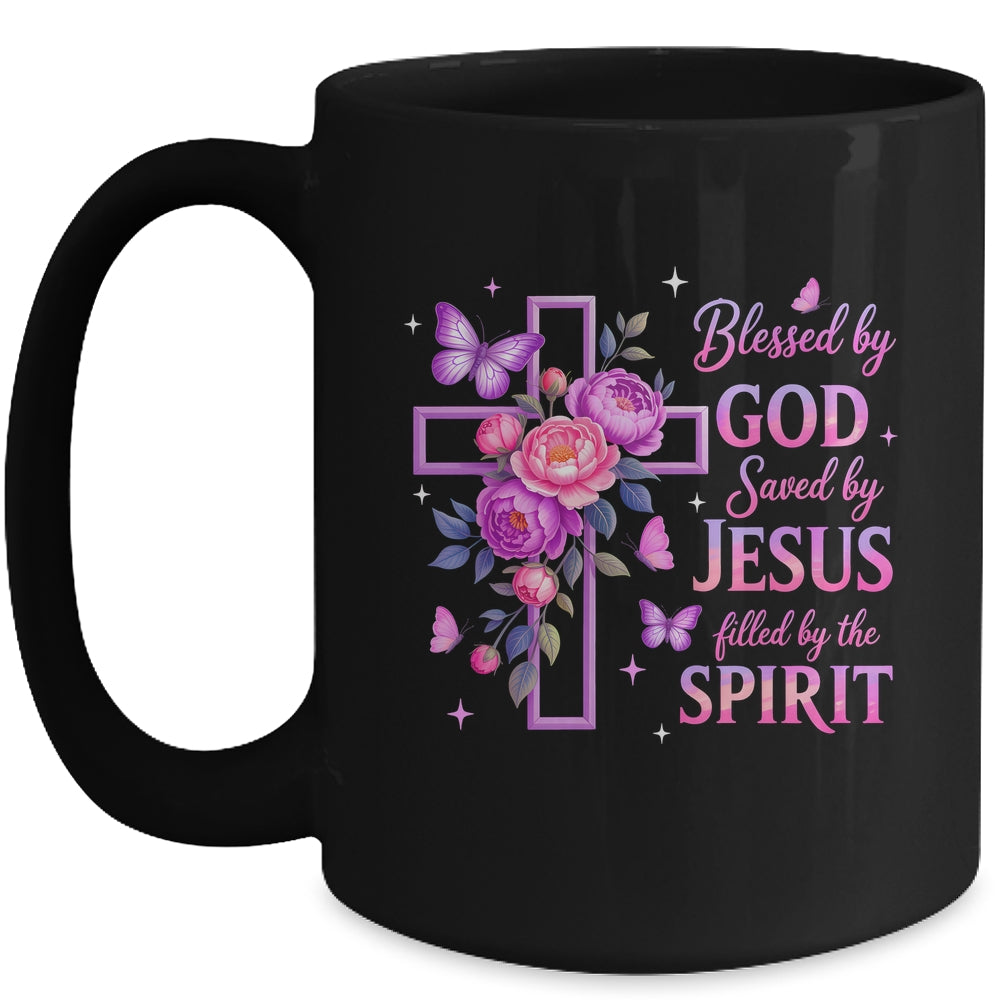 Blessed By God Saved By Jesus Purple Floral Cross Christian Mug | siriusteestore