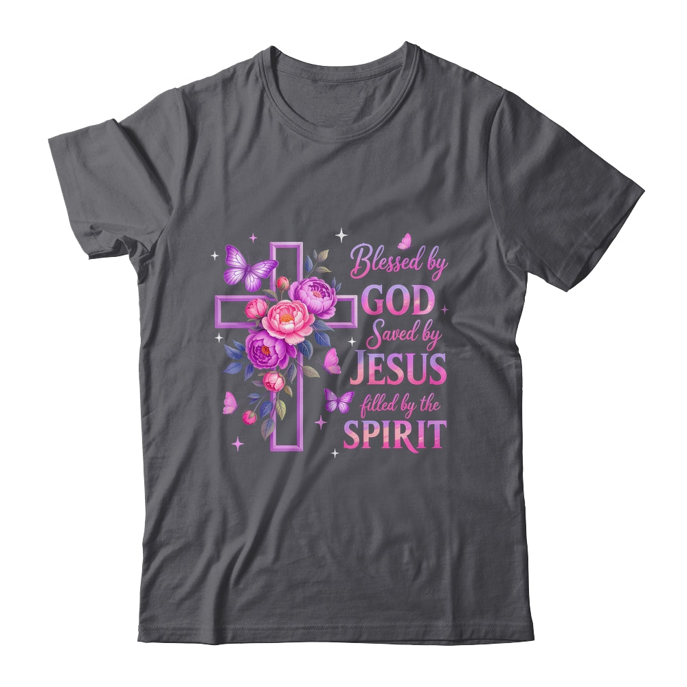 Blessed By God Saved By Jesus Purple Floral Cross Christian Shirt & Tank Top | siriusteestore