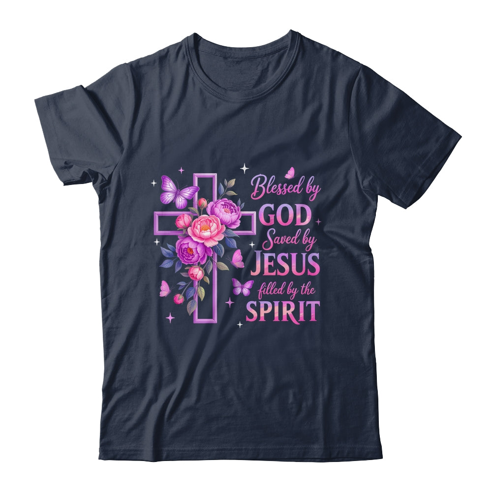 Blessed By God Saved By Jesus Purple Floral Cross Christian Shirt & Tank Top | siriusteestore