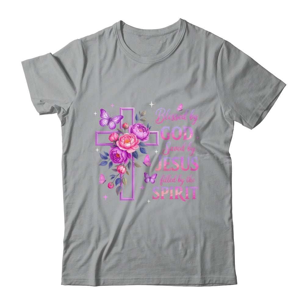 Blessed By God Saved By Jesus Purple Floral Cross Christian Shirt & Tank Top | siriusteestore