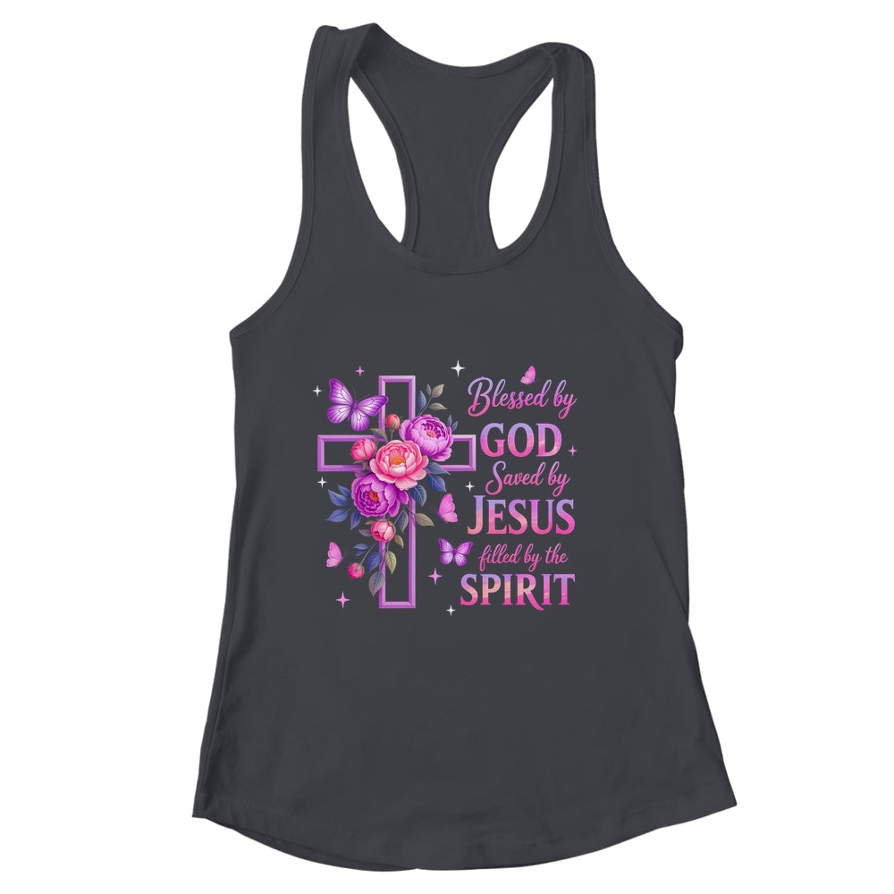 Blessed By God Saved By Jesus Purple Floral Cross Christian Shirt & Tank Top | siriusteestore