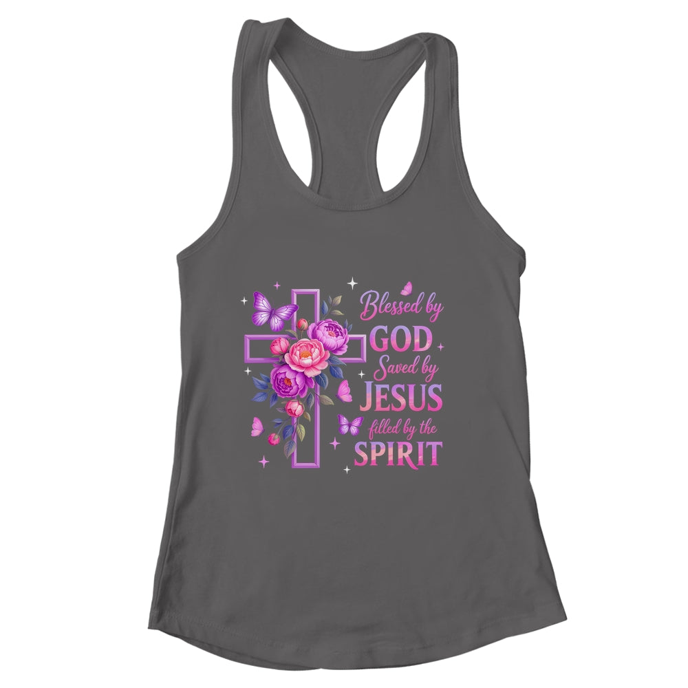 Blessed By God Saved By Jesus Purple Floral Cross Christian Shirt & Tank Top | siriusteestore
