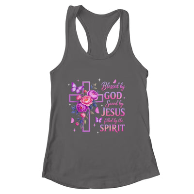 Blessed By God Saved By Jesus Purple Floral Cross Christian Shirt & Tank Top | siriusteestore
