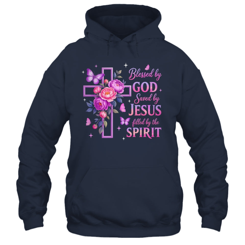 Blessed By God Saved By Jesus Purple Floral Cross Christian Shirt & Tank Top | siriusteestore