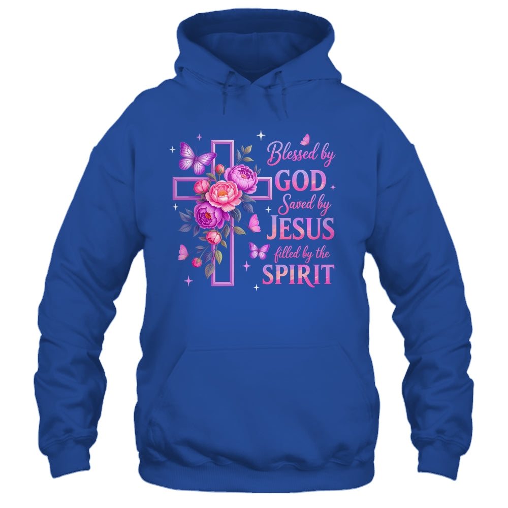Blessed By God Saved By Jesus Purple Floral Cross Christian Shirt & Tank Top | siriusteestore