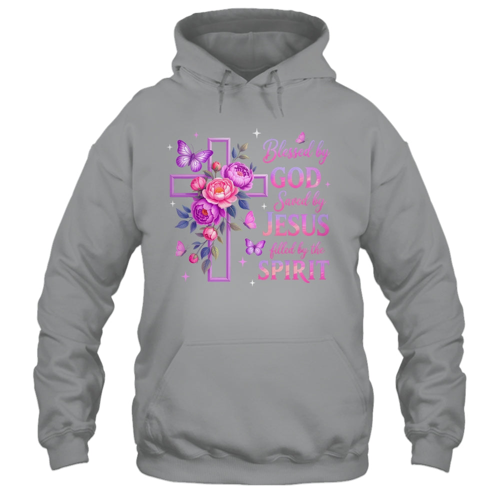 Blessed By God Saved By Jesus Purple Floral Cross Christian Shirt & Tank Top | siriusteestore
