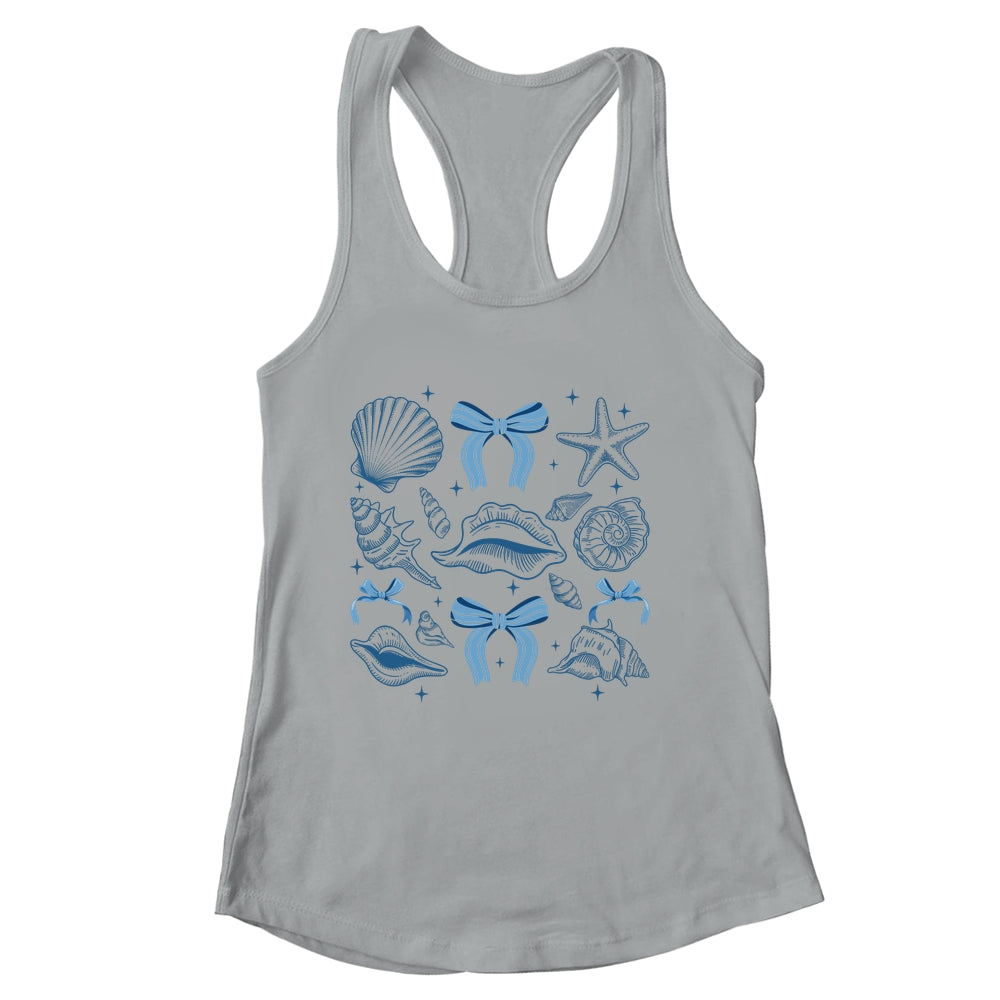 Blue Coquette Bow Seashell Retro Beach Summer Vibes Girls Shirt & Tank Top | siriusteestore