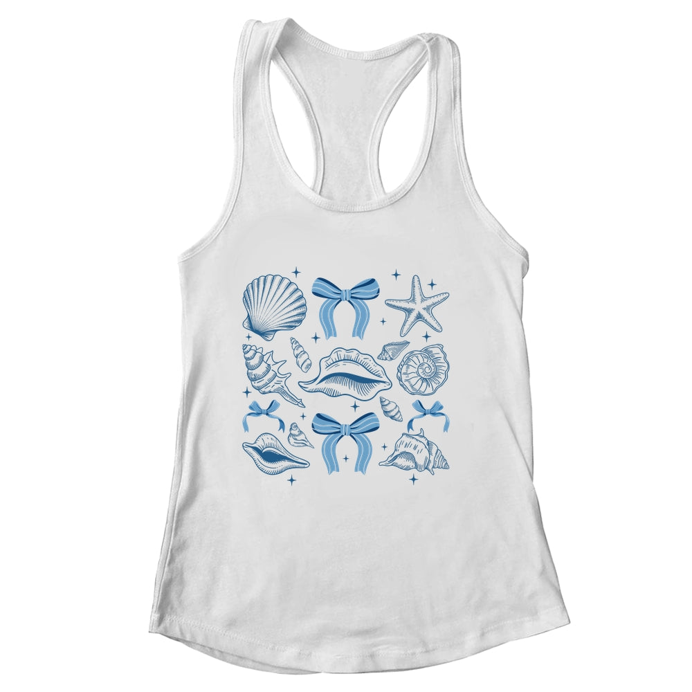 Blue Coquette Bow Seashell Retro Beach Summer Vibes Girls Shirt & Tank Top | siriusteestore