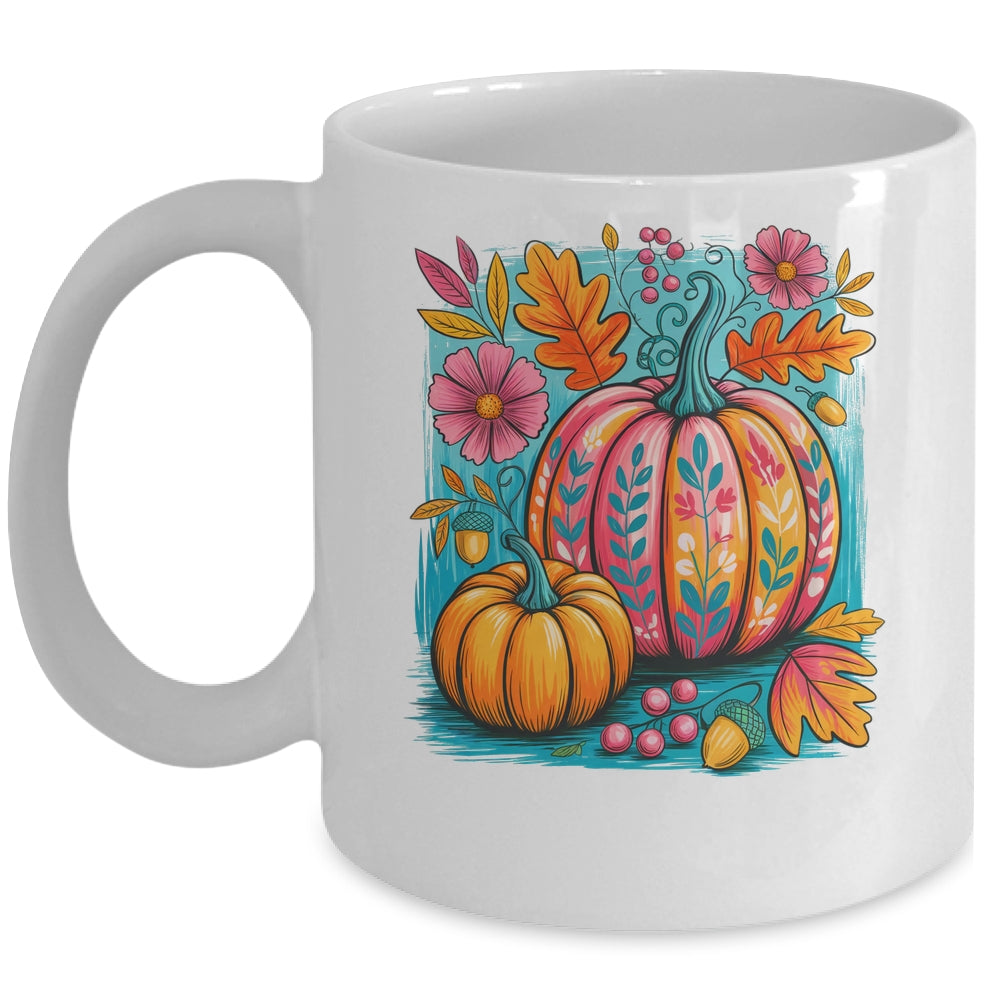 Boho Floral Fall Autumn Vibes Season Pink Pumpkin Girls Mug | siriusteestore