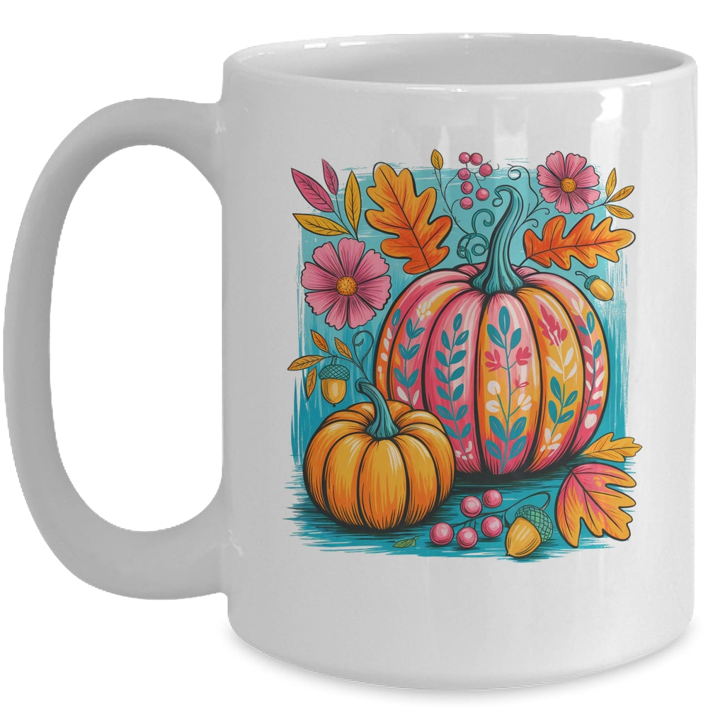 Boho Floral Fall Autumn Vibes Season Pink Pumpkin Girls Mug | siriusteestore