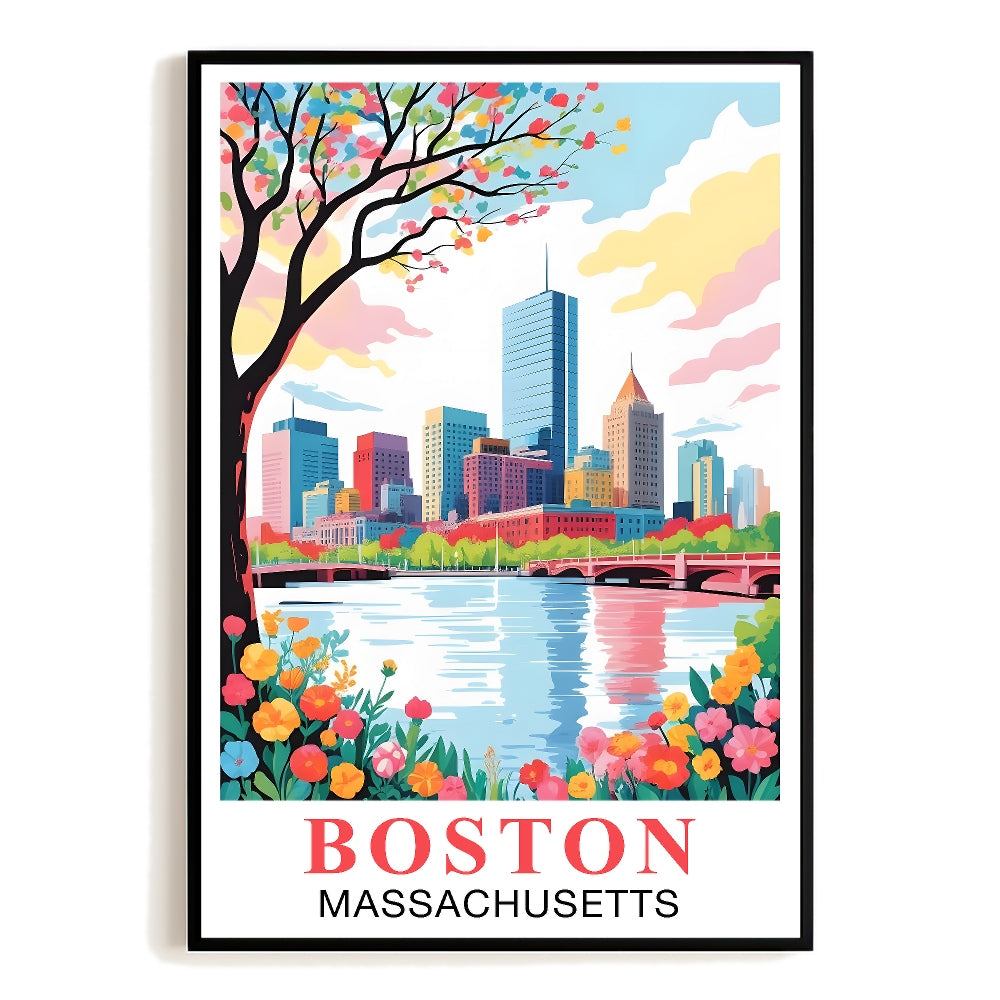 Boston Print Travel Poster Massachusetts Hometown City Souvenir Wall Art Landscape Painting Watercolor For Home Room Living Room Office Bedroom Decor Unframed | siriusteestore