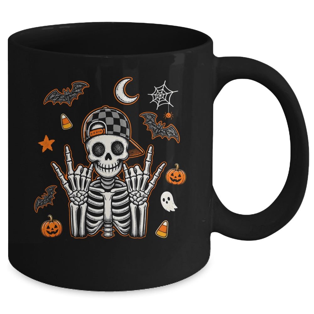 Boy Skeleton Halloween Retro Checkered Spooky Season Kids Mug | siriusteestore