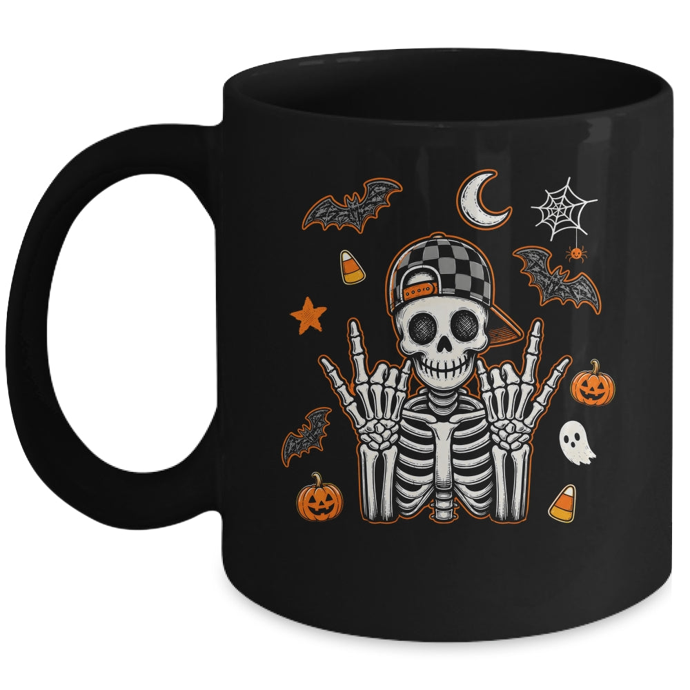 Boy Skeleton Halloween Retro Checkered Spooky Season Kids Mug | siriusteestore