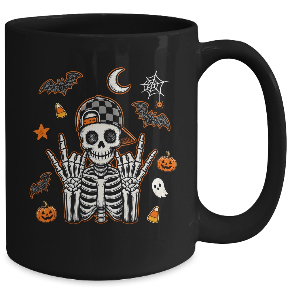 Boy Skeleton Halloween Retro Checkered Spooky Season Kids Mug | siriusteestore