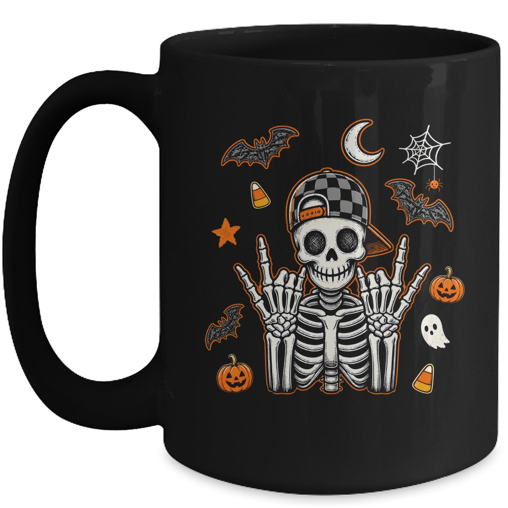 Boy Skeleton Halloween Retro Checkered Spooky Season Kids Mug | siriusteestore