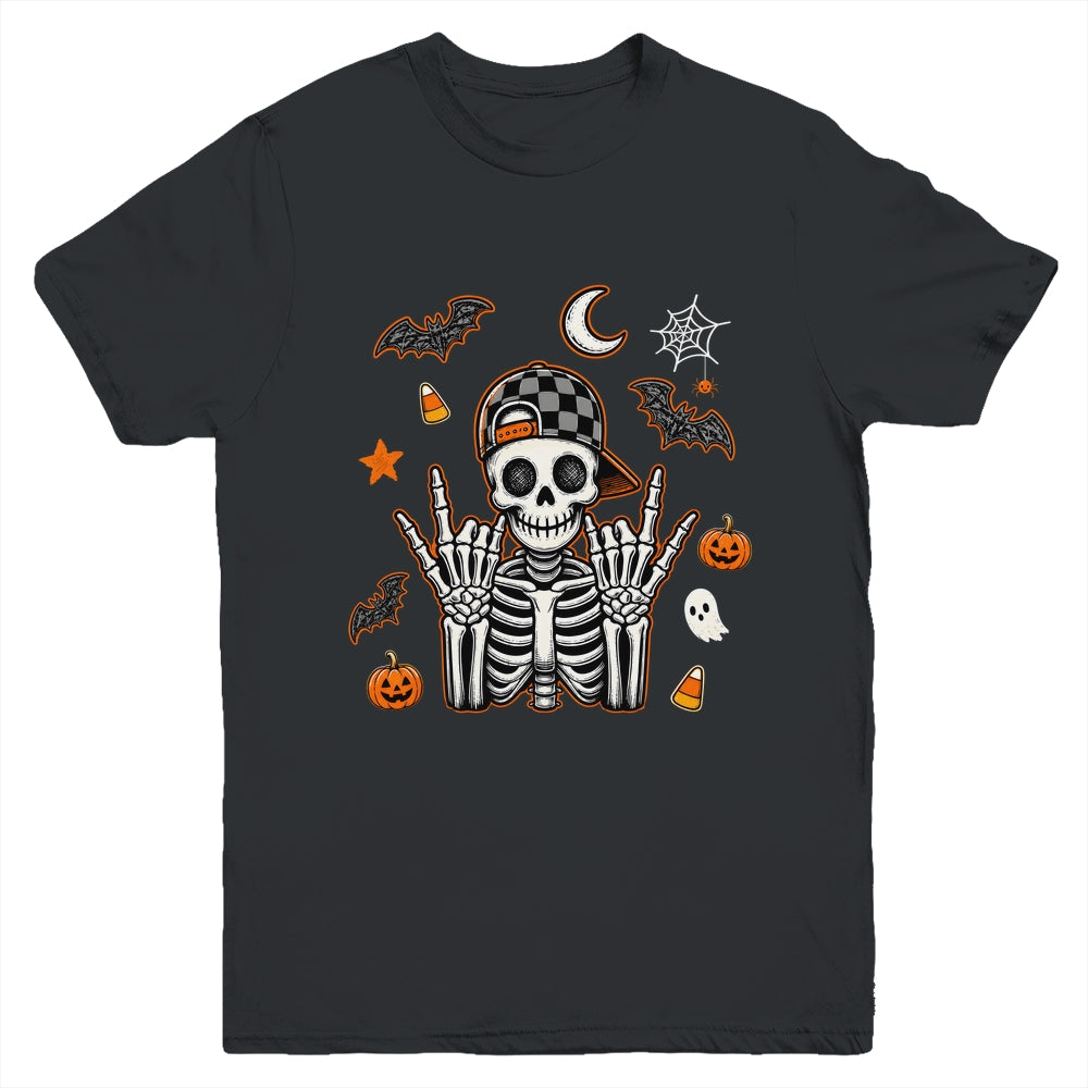 Boy Skeleton Halloween Retro Checkered Spooky Season Kids Youth Shirt | siriusteestore