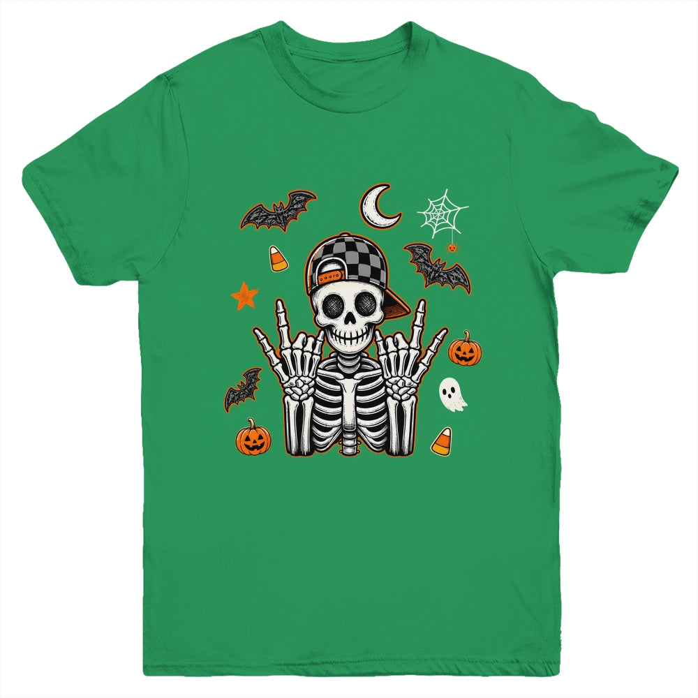 Boy Skeleton Halloween Retro Checkered Spooky Season Kids Youth Shirt | siriusteestore