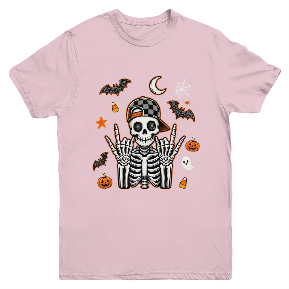 Boy Skeleton Halloween Retro Checkered Spooky Season Kids Youth Shirt | siriusteestore