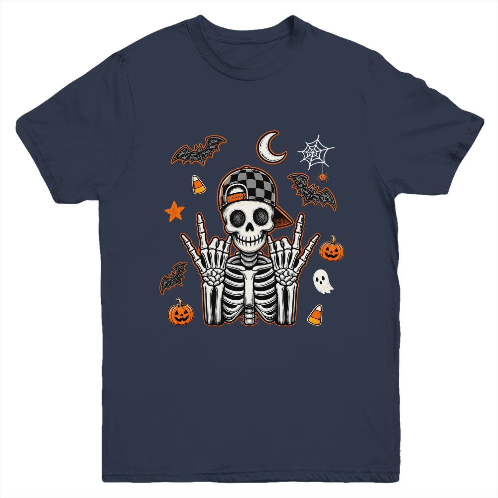 Boy Skeleton Halloween Retro Checkered Spooky Season Kids Youth Shirt | siriusteestore