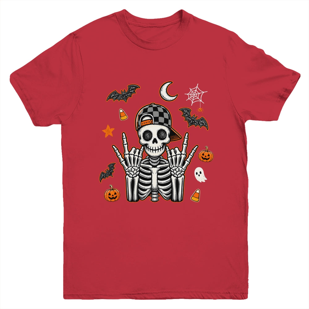Boy Skeleton Halloween Retro Checkered Spooky Season Kids Youth Shirt | siriusteestore