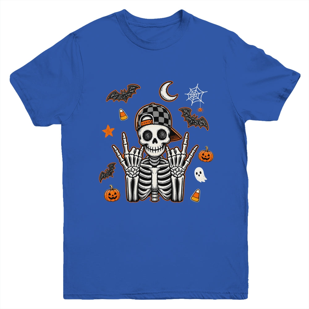Boy Skeleton Halloween Retro Checkered Spooky Season Kids Youth Shirt | siriusteestore