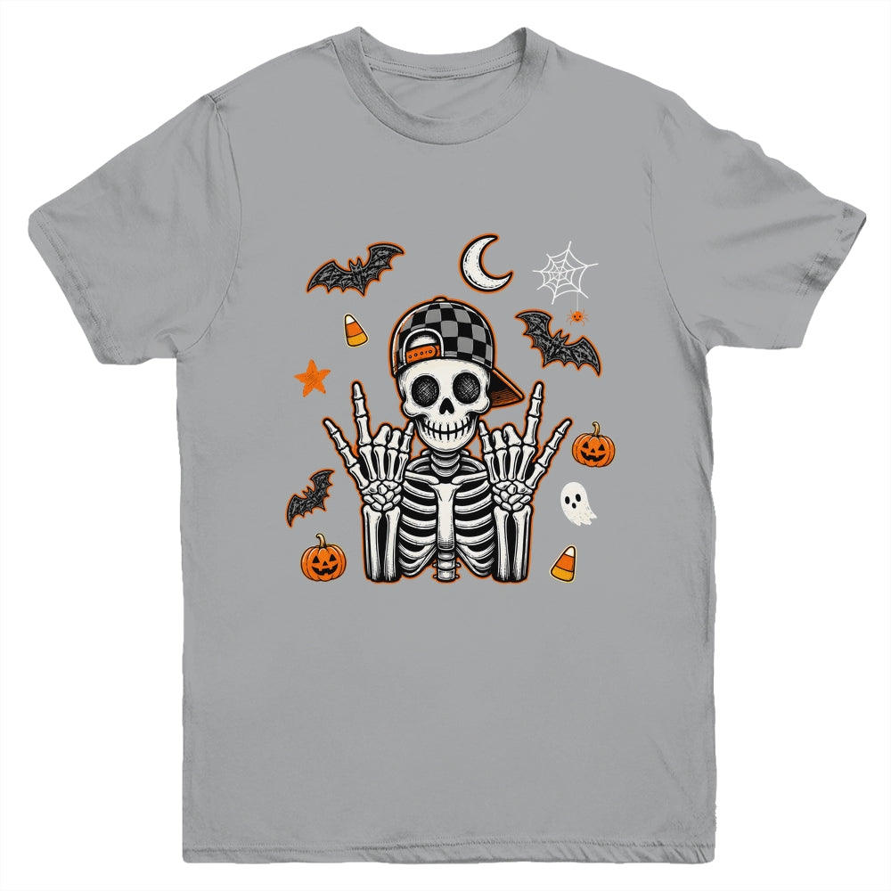 Boy Skeleton Halloween Retro Checkered Spooky Season Kids Youth Shirt | siriusteestore