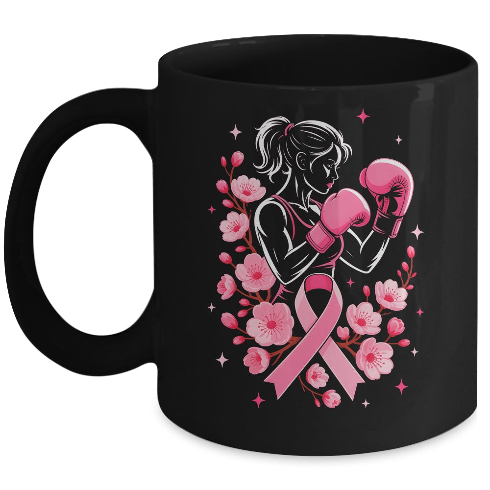Breast Cancer Awareness Boxing Women Pink Ribbon Flower Mug | siriusteestore