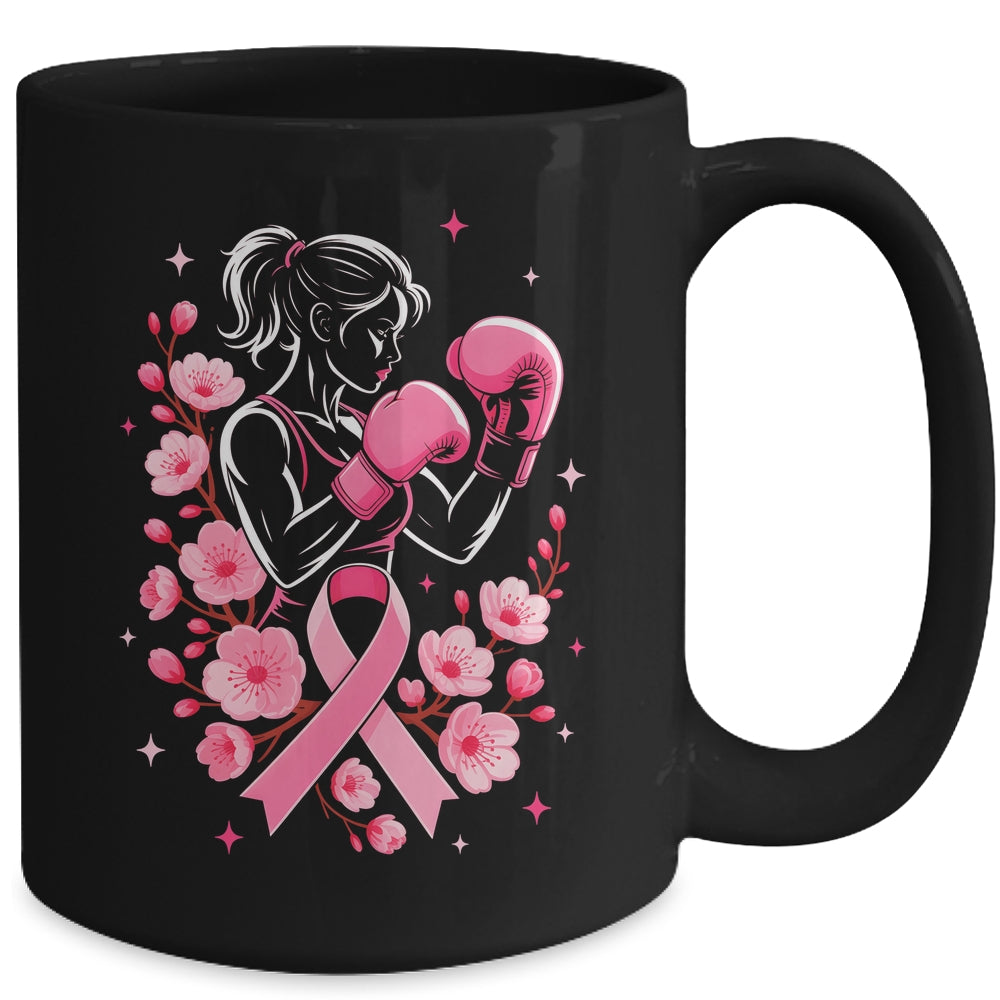 Breast Cancer Awareness Boxing Women Pink Ribbon Flower Mug | siriusteestore