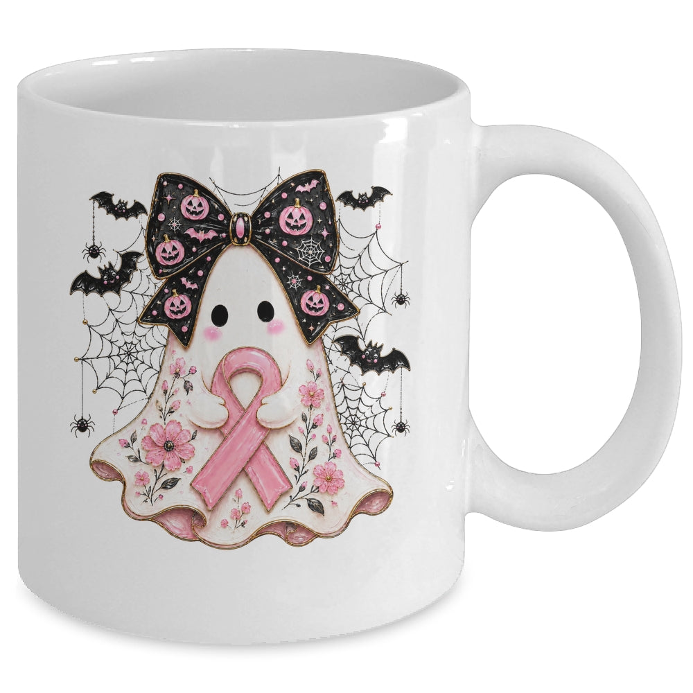 Breast Cancer Awareness Ghost Pink Ribbon Halloween Coquette Mug | siriusteestore