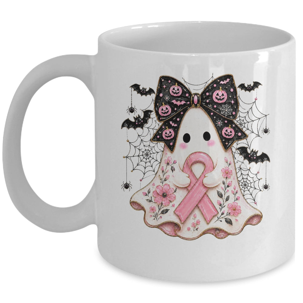 Breast Cancer Awareness Ghost Pink Ribbon Halloween Coquette Mug | siriusteestore