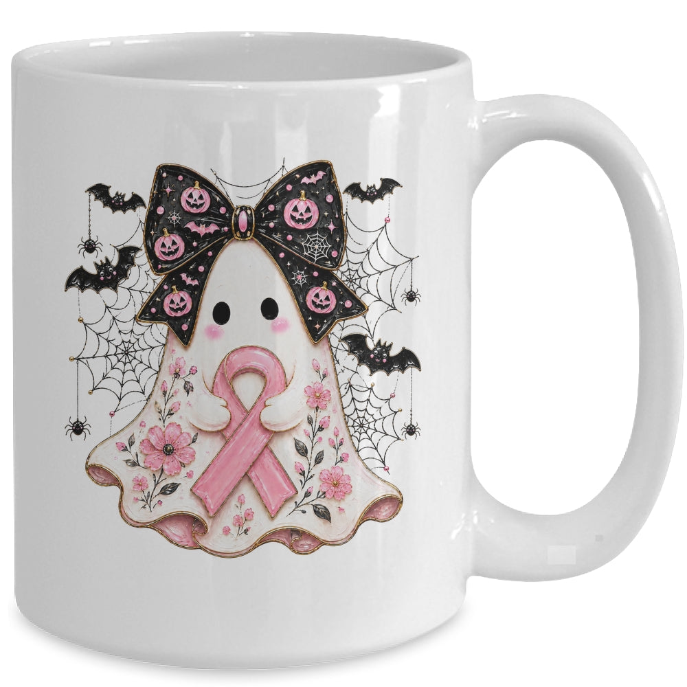 Breast Cancer Awareness Ghost Pink Ribbon Halloween Coquette Mug | siriusteestore