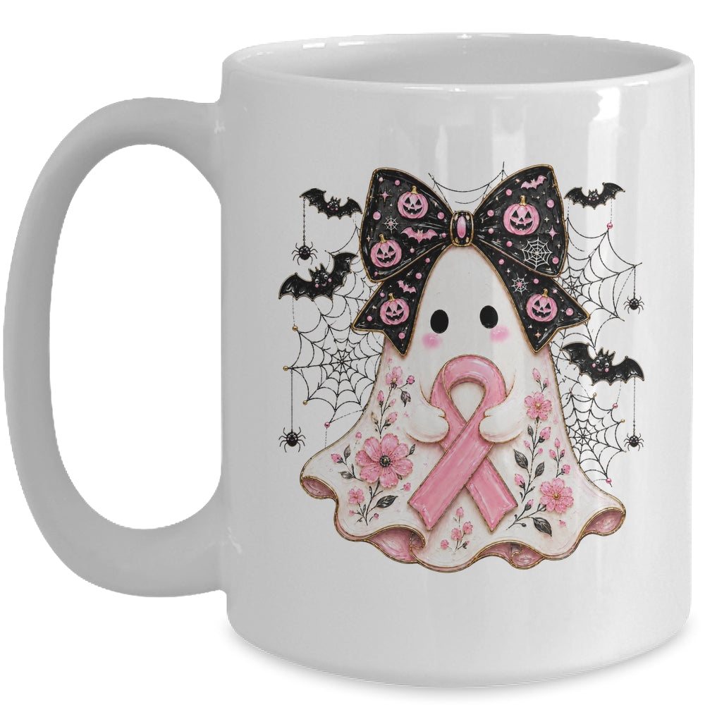 Breast Cancer Awareness Ghost Pink Ribbon Halloween Coquette Mug | siriusteestore