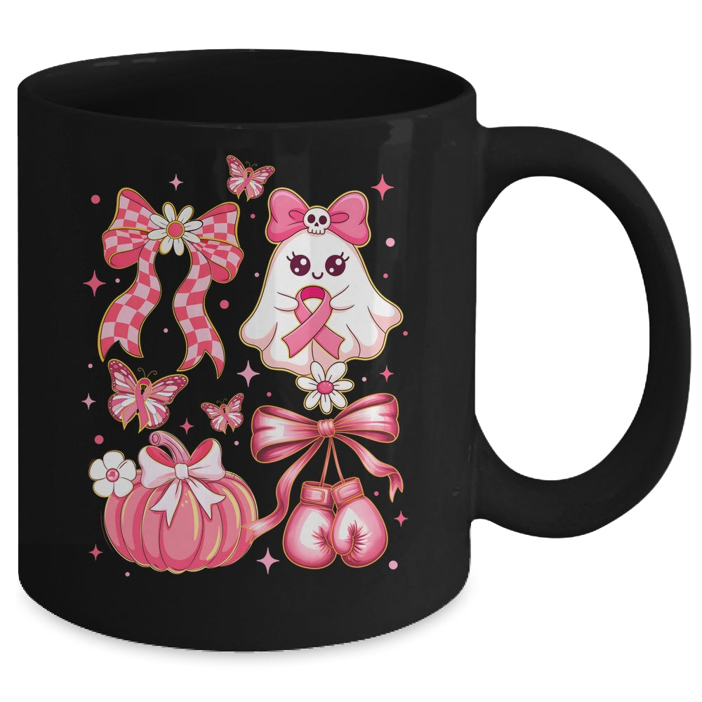 Breast Cancer Ghost Coquette Pink Ribbon Halloween Pumpkin Mug | siriusteestore