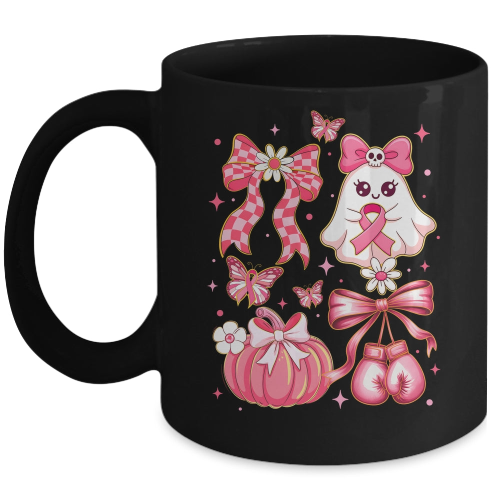 Breast Cancer Ghost Coquette Pink Ribbon Halloween Pumpkin Mug | siriusteestore