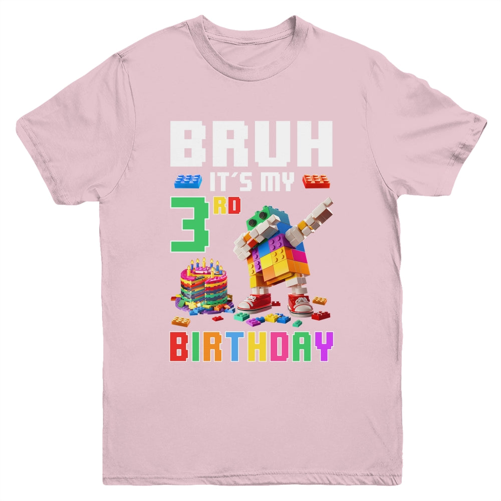 Bruh Its My 3rd Birthday Master Builder Dabbing Block Brick Youth Shirt | siriusteestore