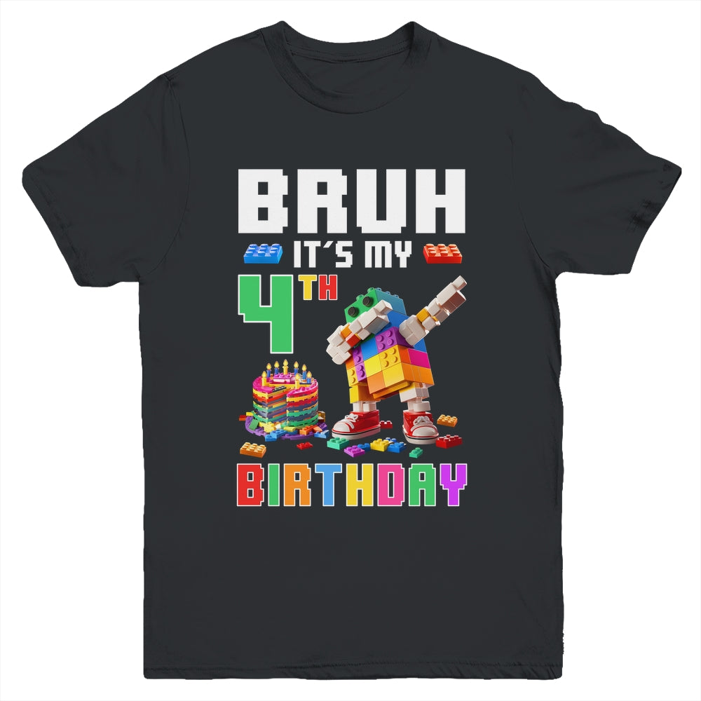 Bruh Its My 4th Birthday Master Builder Dabbing Block Brick Youth Shirt | siriusteestore