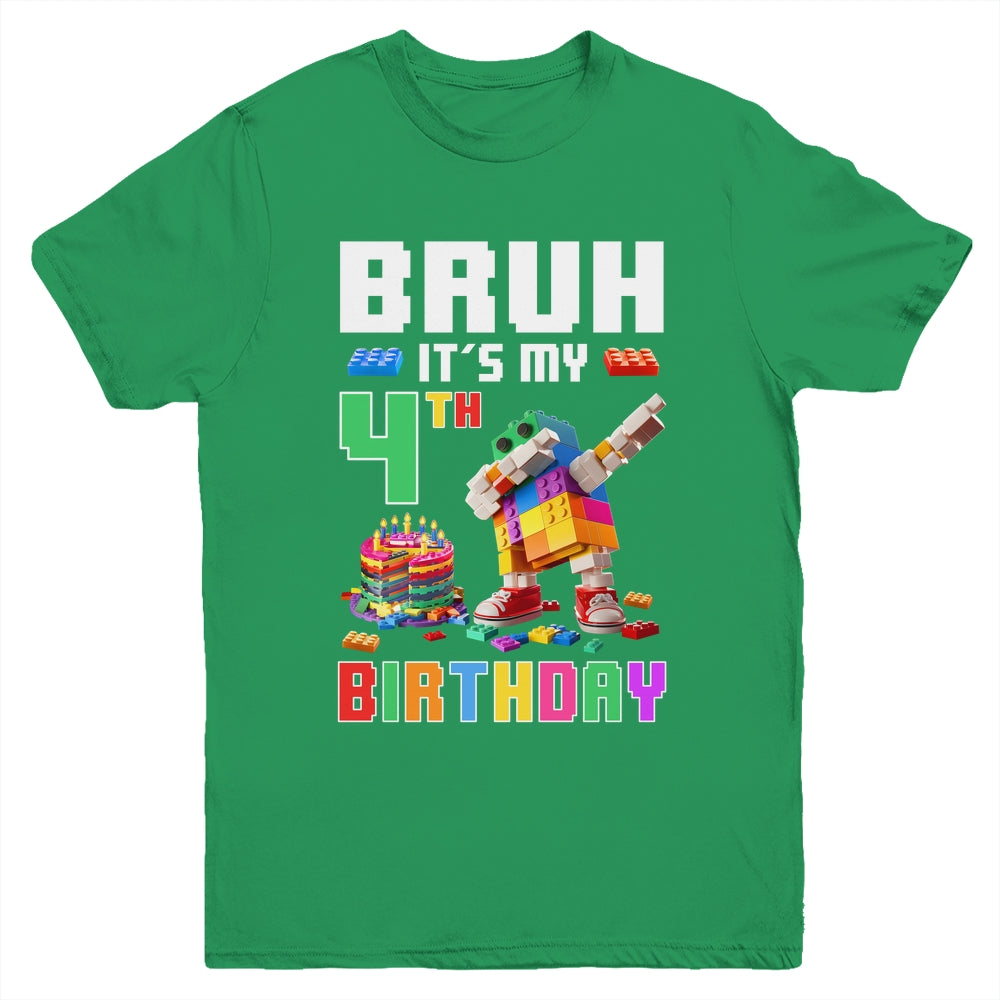 Bruh Its My 4th Birthday Master Builder Dabbing Block Brick Youth Shirt | siriusteestore