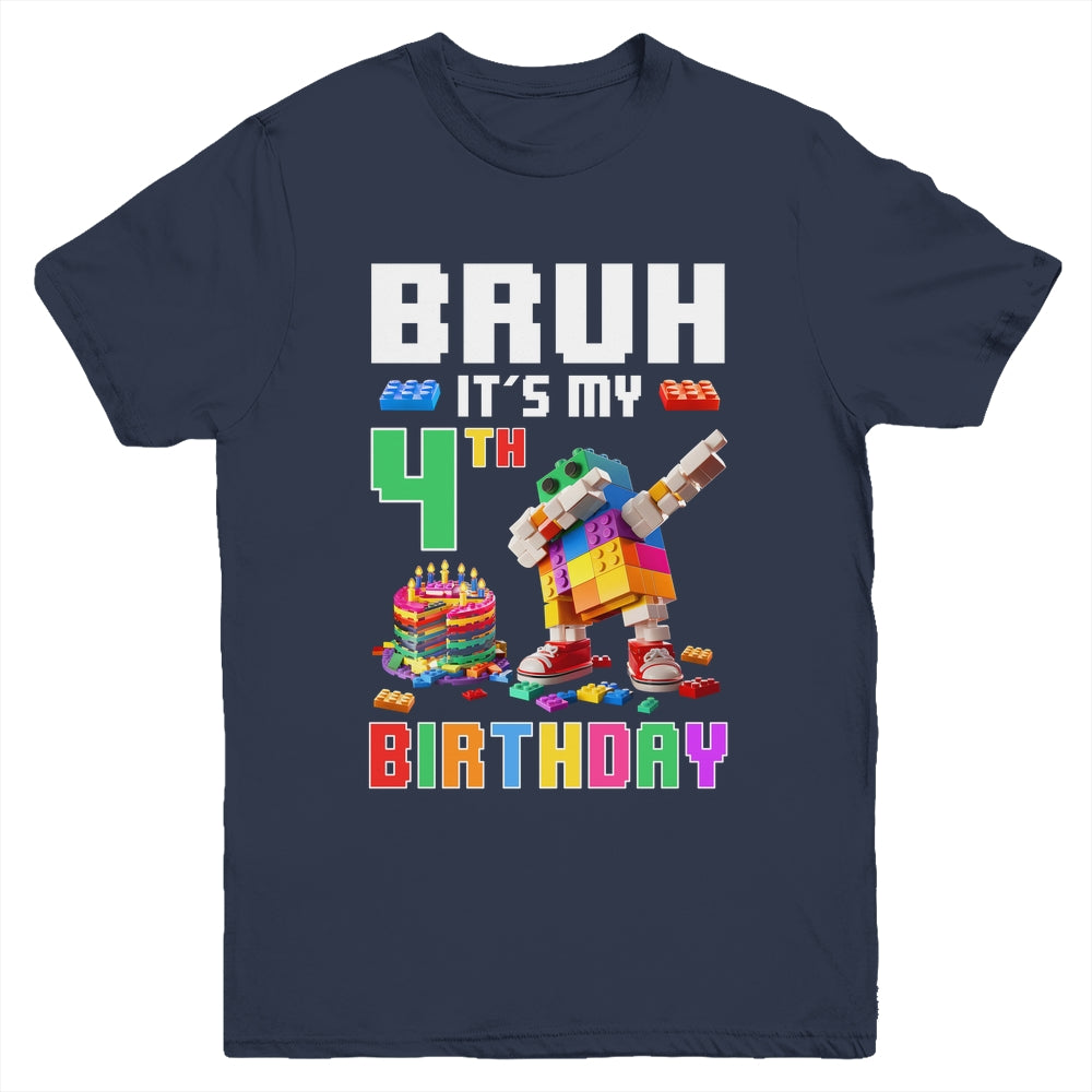 Bruh Its My 4th Birthday Master Builder Dabbing Block Brick Youth Shirt | siriusteestore